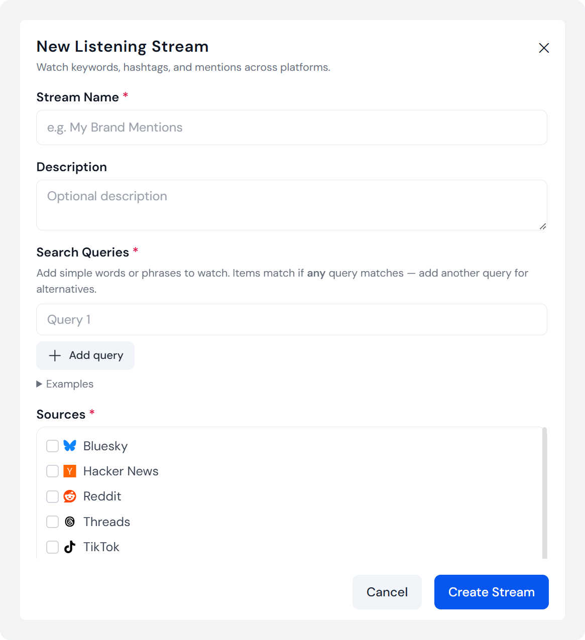 Select the Platforms on Listening dashboard