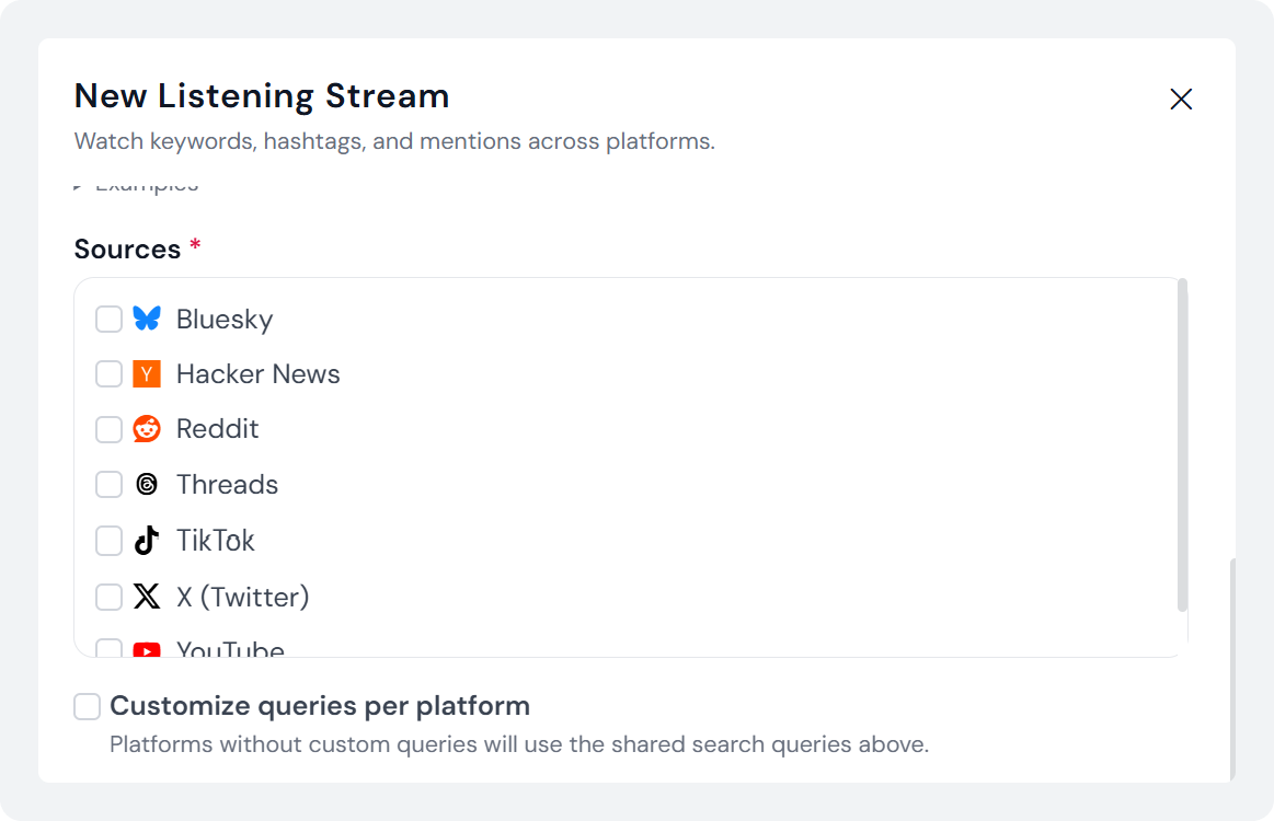 Select the Platforms on Listening dashboard