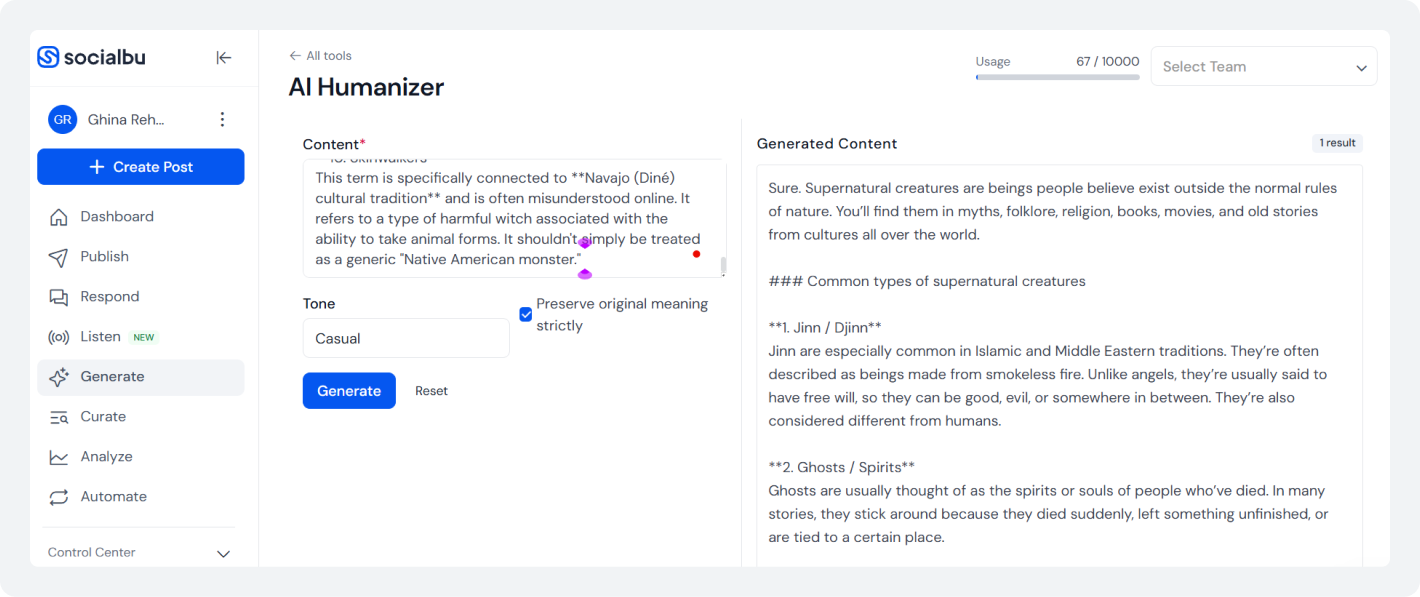 SocialBu AI Humanizer tool showing content input, tone selection, and generated humanized content