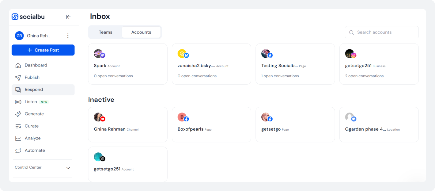 SocialBu Inbox dashboard showing active and inactive social media accounts