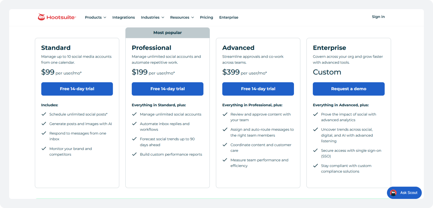 Hootsuite pricing plans showing Standard, Professional, Advanced, and Enterprise tiers with monthly pricing and features