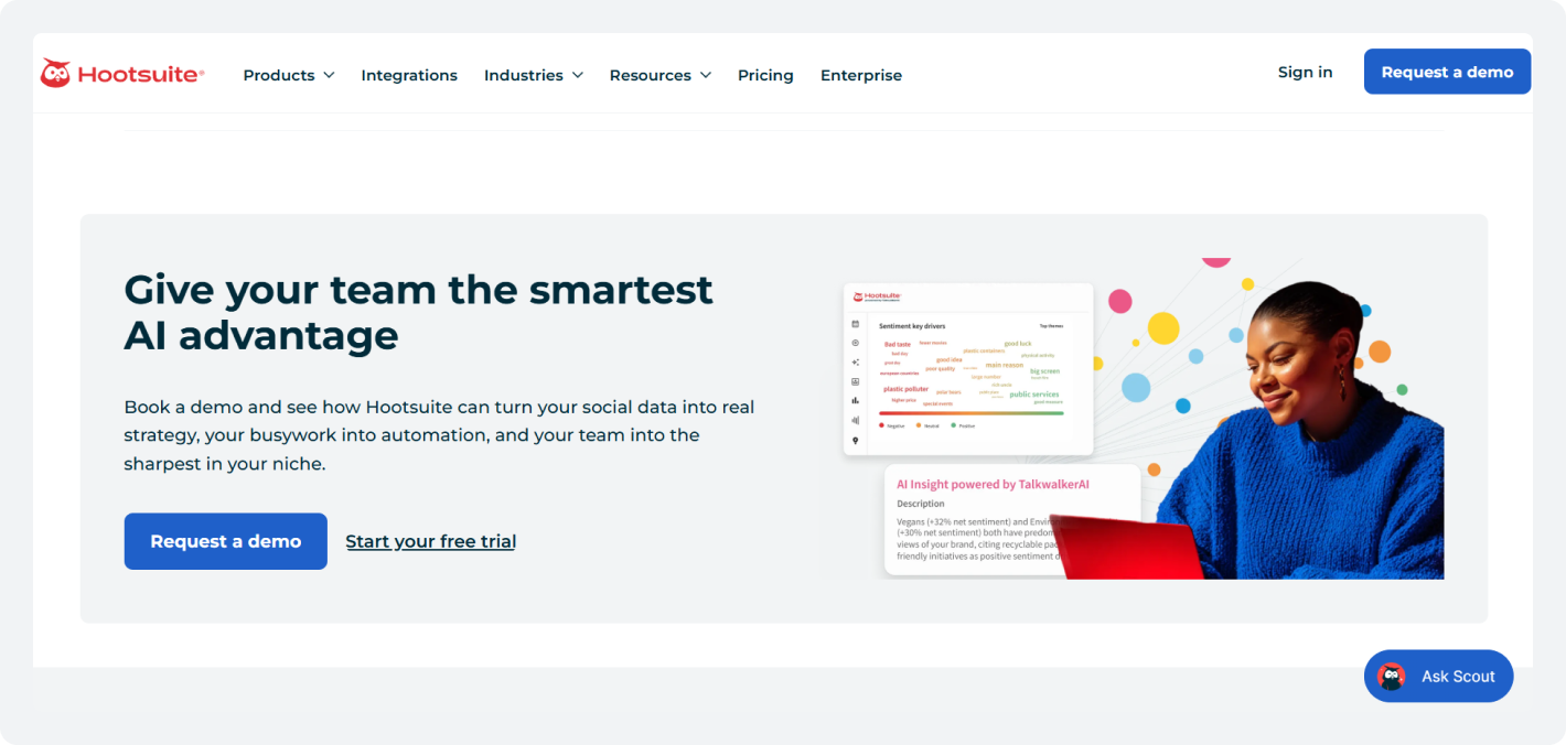 Hootsuite homepage showcasing AI-powered social media insights and automation