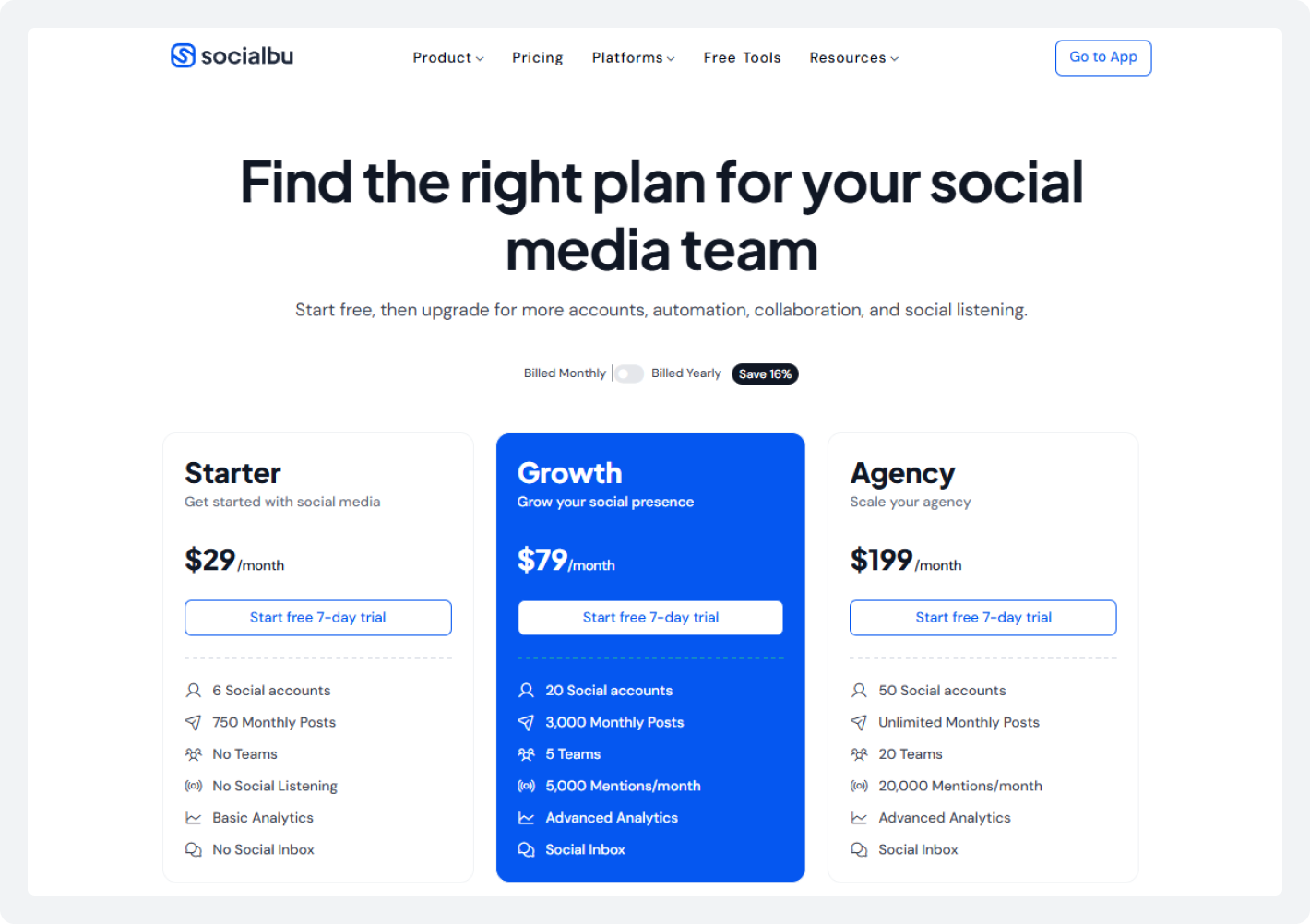 SocialBu pricing page showing Starter, Growth, and Agency plans with monthly prices and social media management features.