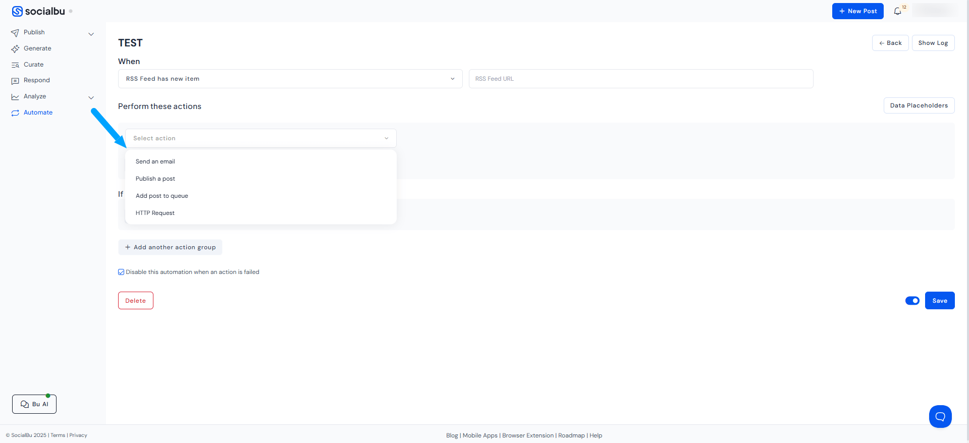 Pick an Automated Action- automate RSS feed to social media