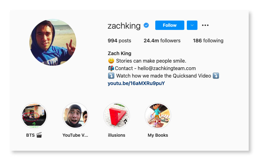 zach king Instagram profile