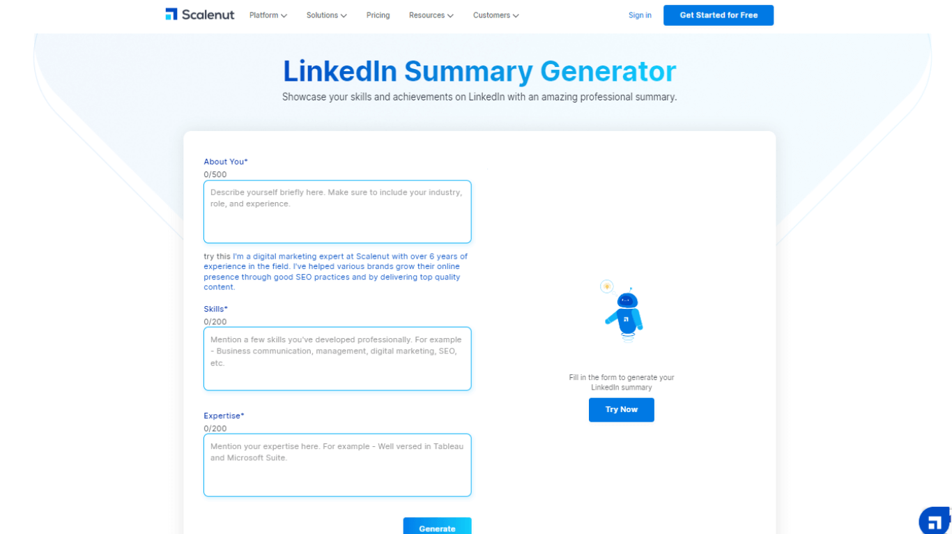 LinkedIn bio generator 07. Scalenut 