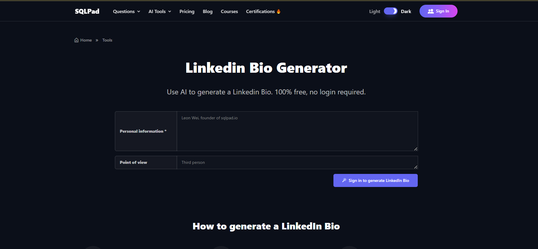 LinkedIn bio generator 09. SQLPad 