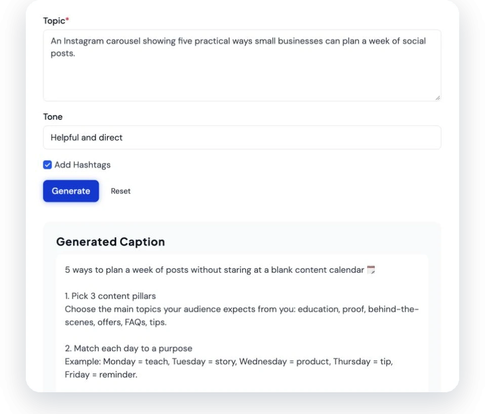 The Instagram caption generator with a topic, tone, hashtags, and generated caption