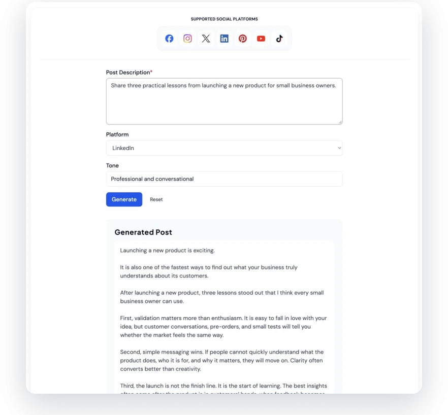A LinkedIn-specific result generated from the selected platform and tone