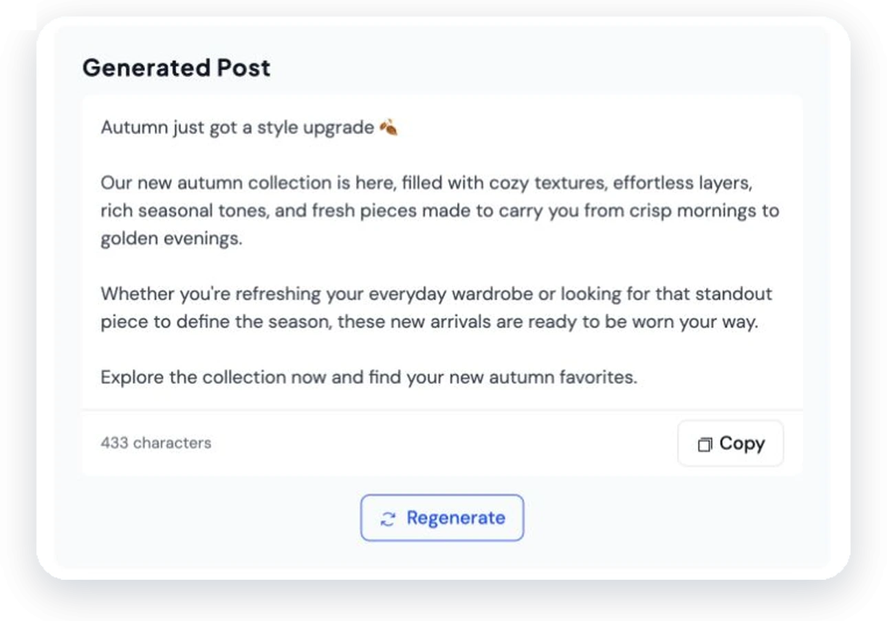 A generated post result with its character count, Copy, and Regenerate controls