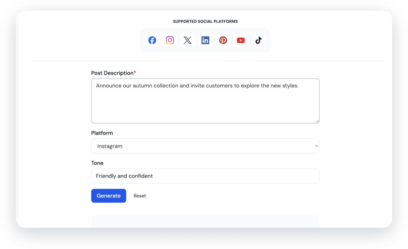 The AI Post Generator with a post description, Instagram platform, and friendly tone entered