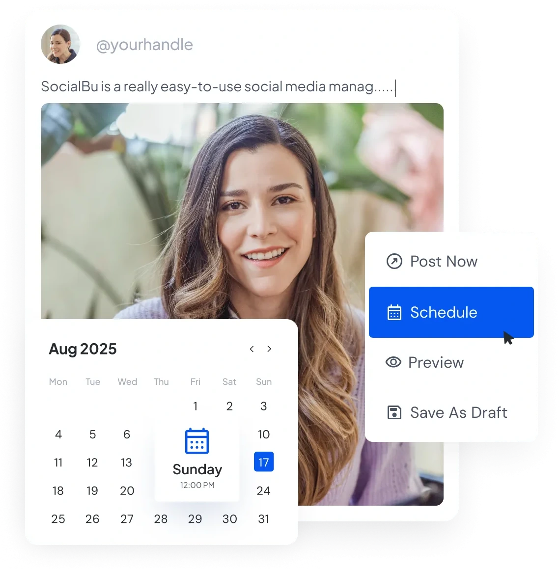 SocialBu scheduling options with a post preview and calendar
