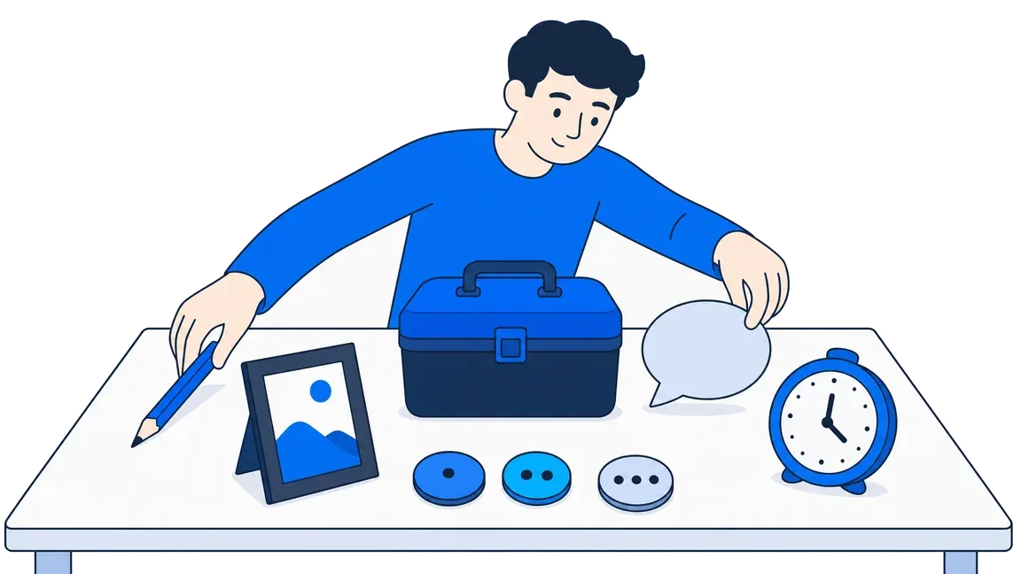 Illustration of a creator organizing social media tools at a worktable